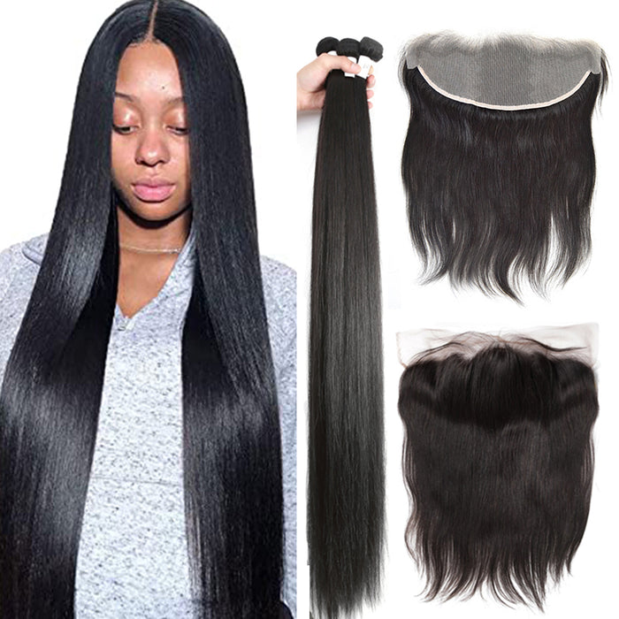 Brazilian Straight Remy Hair 36 40 Inch Human Hair Bundles With 13X4 Lace Frontal Promqueen Human Hair Ear To Ear 4X4 Closure