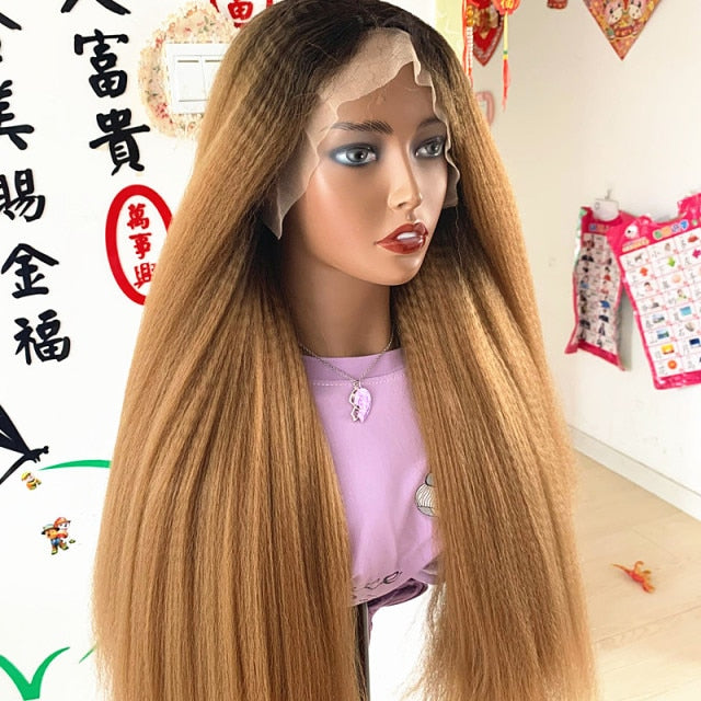 Yaki Straight Lace Front Wigs Afro Comb Synthetic Ombre Blonde Kinky Straight Wig 1B 27 Color with Baby Hair For Black Women