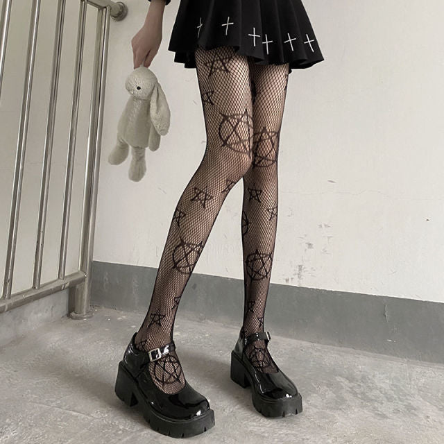Lolita Cute Anime Black Love Print Tights Gothic Women Sexy Punk Lolita Dark Fishnet Mesh Goth Pantyhose Costumes Body Stockings