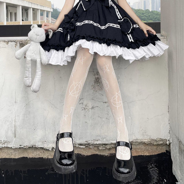 ロリータかわいいアニメ黒愛プリントタイツゴシック女性のセクシーなパンクロリータダーク網タイツメッシュゴスパンスト衣装ボディストッキング