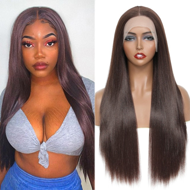 Yaki Straight Hair Synthetic Lace Front Wig For Black Women Light Brown Color Long